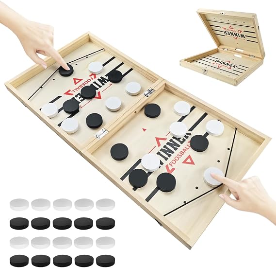 Fast Sling Puck, Large Wooden Board Game - 2 in 1 Table Ice Hockey Winner - Family Party Game for Kids & Adults