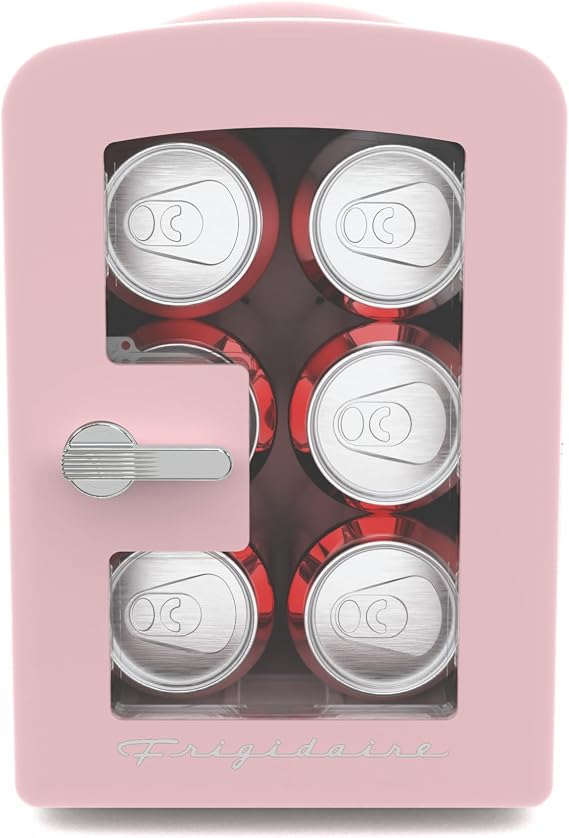 Frigidaire Retro 6-Can Mini Personal Fridge, Transparent Door, Portable Cooler for Car, Office, Bedroom, Dorm Room, or Cabin, Freon-free, 11.8" D