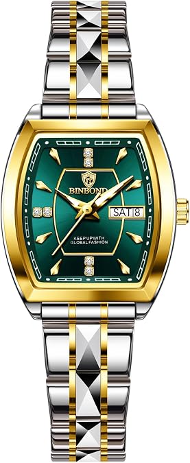 BINBOND Green Luminous Womens Watch,Double Push Button Two Color Butterfly Clasp Design,with Jewelry, Stainless Steel Strap,Suitable for Gift Giving.