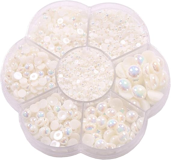 YAKA 3000PCS 1 Box 7Sizes Round Flatback Half Pearls Bead Loose Beads Gem Scrapbook Craft (Half Beads/AB Bright Color) (Beige)