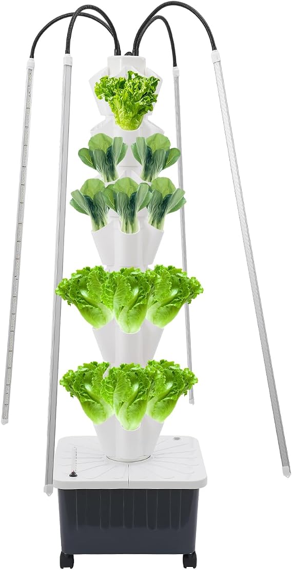 Hydroponics Growing System Tower Kit with Led Light, 40pods Vertical Hydroponic Tower, 8 Layer Hydroponics Tower Indoor Garden for Herbs, Fruits and Vegetables (White)
