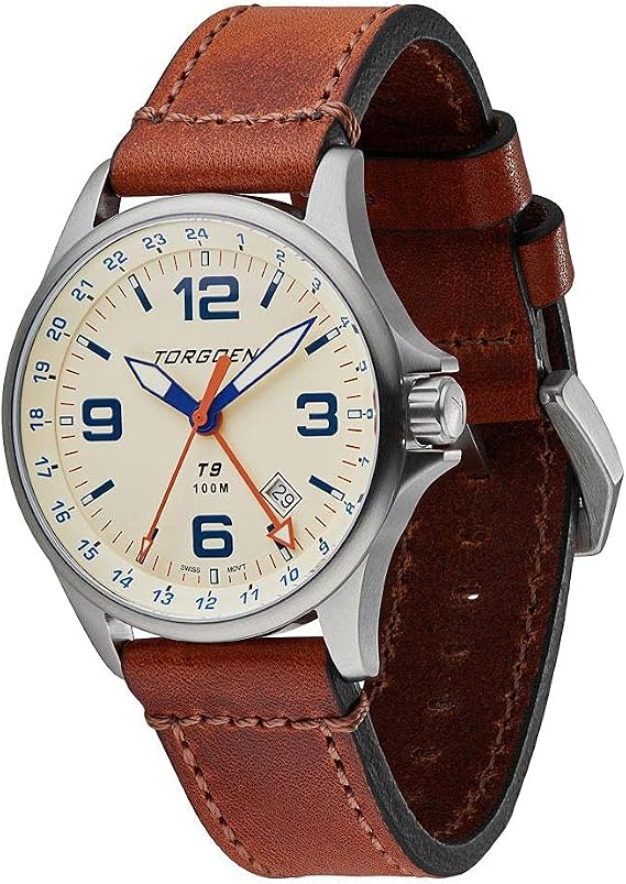 Torgoen T9 Cream GMT Pilot Watch for Men, Swiss Quartz, Mineral Crystal with Vintage Brown Leather Strap