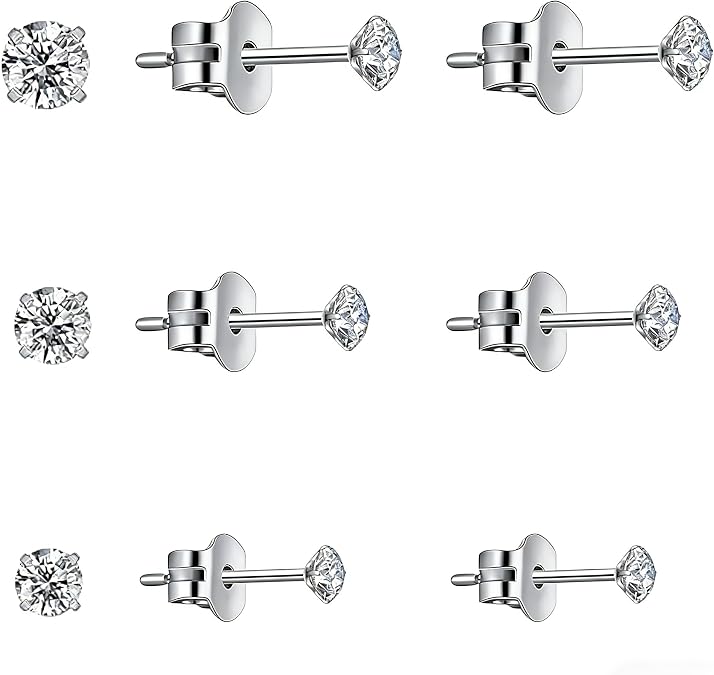 3 Pairs 316 Stainless Steel Stud Earring, Hypoallergenic CZ Earring 3/4/5mm