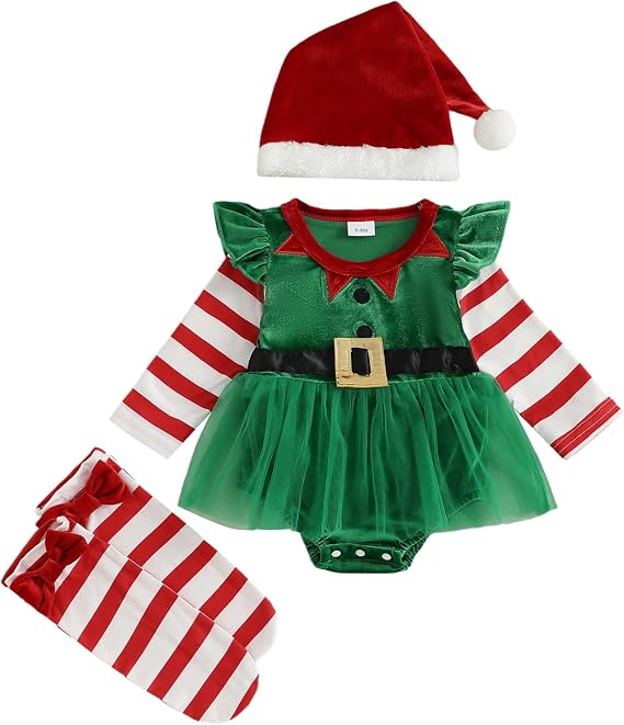 Baby Girls 1st Christmas Outfit Velvet Romper Tulle Dress Striped Stockings Santa Hat 3PCS Newborn Infant Clothes Set