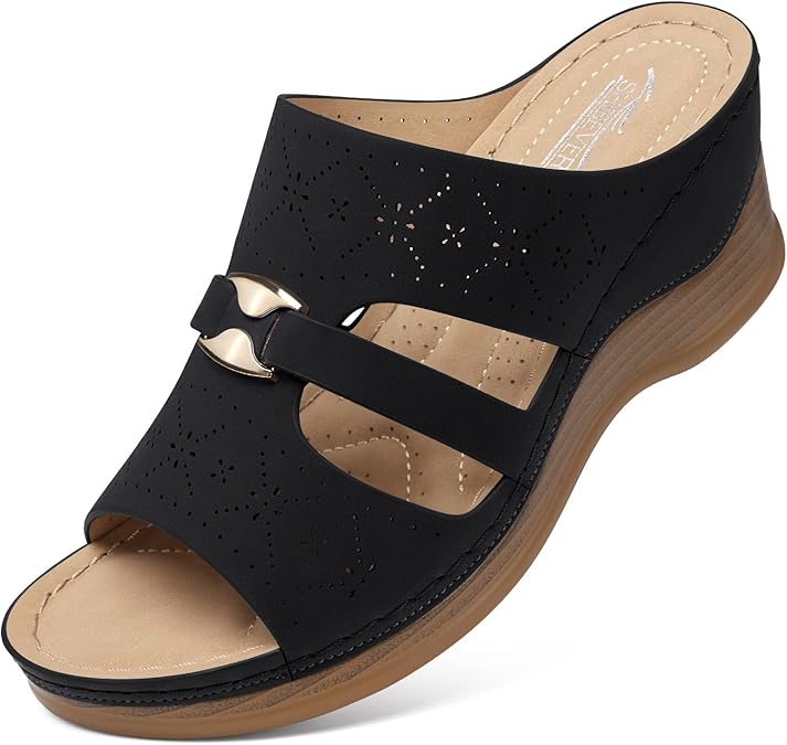 SHIBEVER Wedge Sandals for Women Dressy: Comfortable Slip On Summer Sandal | Open Toe Low Heel Platform Casual Dress Slide Women's Shoes Non Slip All-Day Comfort Hollow Out Walking Work Vacation