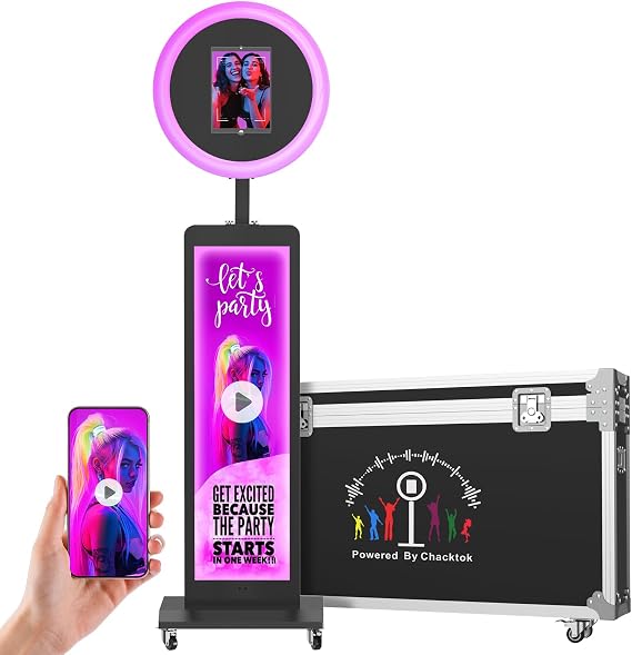 LCD Photo Booth Stand for Any iPad with Software APP and Remote Control, Selfie RGB Ring Light photobooth Machine,for Parties, Wedding (Black, Flight Case)