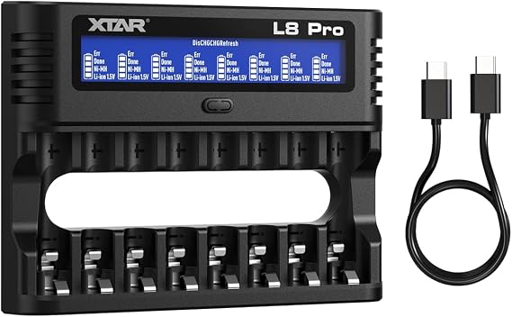 XTAR L8 Pro 8-Bay AA AAA Battery Charger for NiMH & 1.5V Li-ion Rechargeable Batteries, Independent Slot Mixed Charging Station with LCD Display,