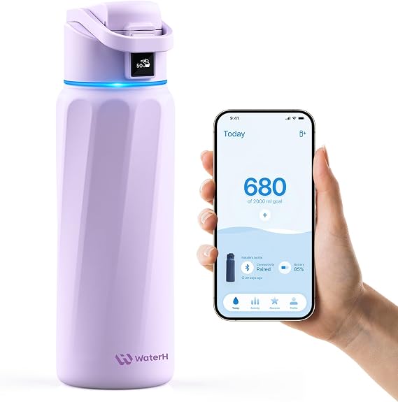 WATERH Boost Smart Water Bottle with Reminder of Water and Water Tracker Bottle, Double Walled Vacuum Insulated Water Bottle, Stainless Steel, Wide Mouth, 32 Oz, Ideal for Gift, Mauve
