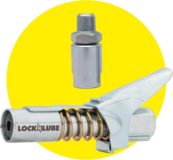 Upgrade your grease gun with the LockNLube Grease Gun Coupler & In-line Grease Hose Swivel. Rated up to 10,000 PSI - use with any grease gun on any Zerk!