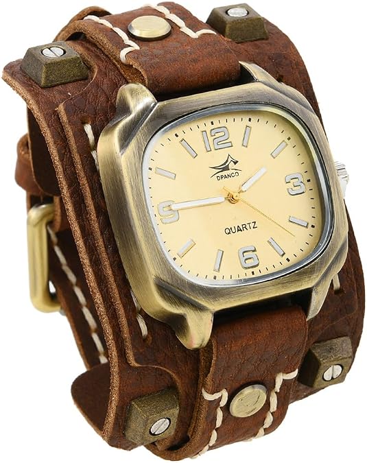 MINILUJIA Vintage Mens Wrist Watch, Retro Square Bronze Case Quartz Watch, Wide Genuine Soft Leather with Wax Rope Sewn Cuff Strap Punk Rock Gothic Wristwatch for Men
