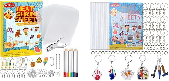 Auihiay 358 Pieces Shrink Plastic Kit Includes 50 Sheets Shrink Papers, Hole Punch, Keychain Accessories and Pencils for Shrinky Art and DIY Keychain Making Mother Day Ornament