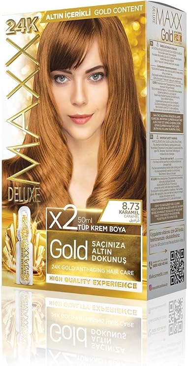 MAXX DELUXE Gold serisi 24K Altın Parçacıklı Serum ile 1 Kutu 2 x 50 ml ve Geliştiriciler Saç Boyası (KARAMEL 8.73)