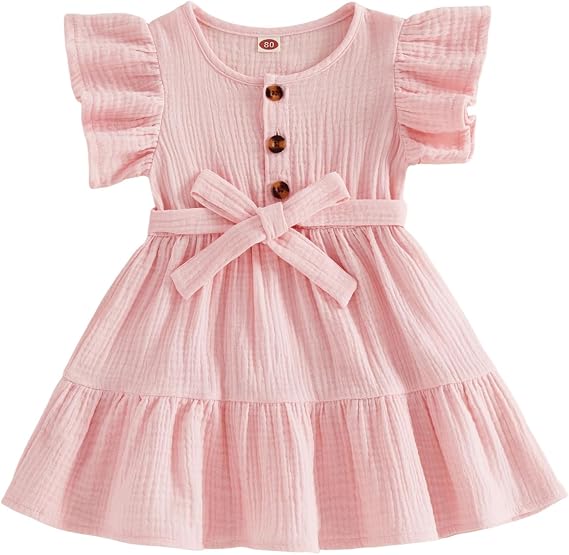 Girls Dresses Ruffle Short Sleeve Summer Dress Belt Toddler Girl Outfits Cotton Linen Clothes