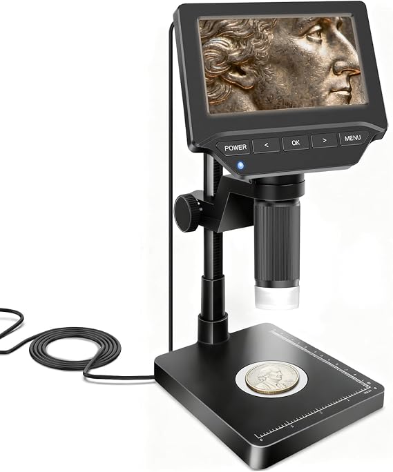 Digital Microscope,4.3" Digital Coin Microscope with Screen,with 8 Adjustable LED Lights, 1080P PC View Compatible with Windows/MacBook,Base with Adjustable Lighting