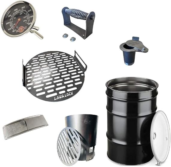 LavaLock DIY 30 Gallon Premium UDS Smoker Kit COMPLETE with DRUM, Charcoal Basket, Cooking Grate, Intake, Smoke Stack, Thermometer, Lid Handle UDS KIT