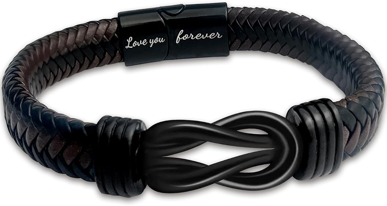 Knot Bracelet Gifts for Men Brown Braided Leather Stainless Steel Infinity Bracelet,#34;Love You Forever" Engraved, Perfect for Husband, Boyfriend, Son, Grandson, Brother, Always Linked Together