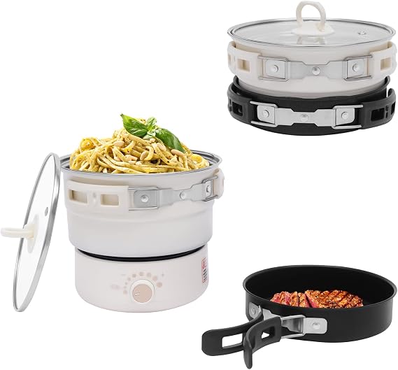 Electric Hot Pot, 110V Folding Portable Multi-Functional Non-Stick Split Electric Hot Pot, Travel Crock Pot, Mini Crock Pot with Power Adjustment for Pasta, Soups, Steaks and Vegetables (White)