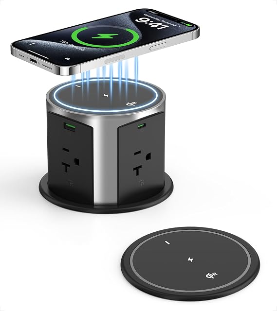 VILONG 20A Pop Up Outlet for Countertop, 65W USB-C, 15W Qi Wireless, 4AC