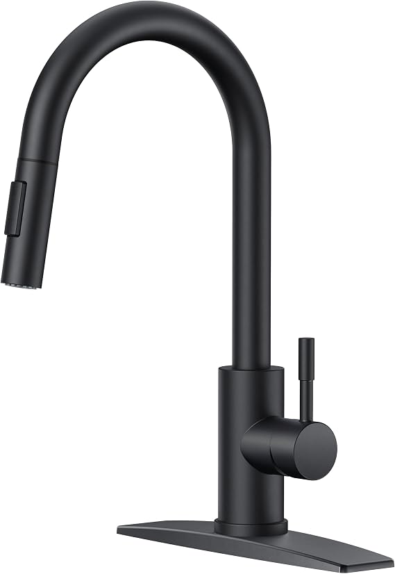 FORIOUS Black Kitchen Faucet with Pull Down Sprayer, High Arc Modern Classic Sink Faucet Stainless Steel with Deck Plate Fit for 1 or 3 Hole for Pot Filler Bar Farmhouse Laundry Rv