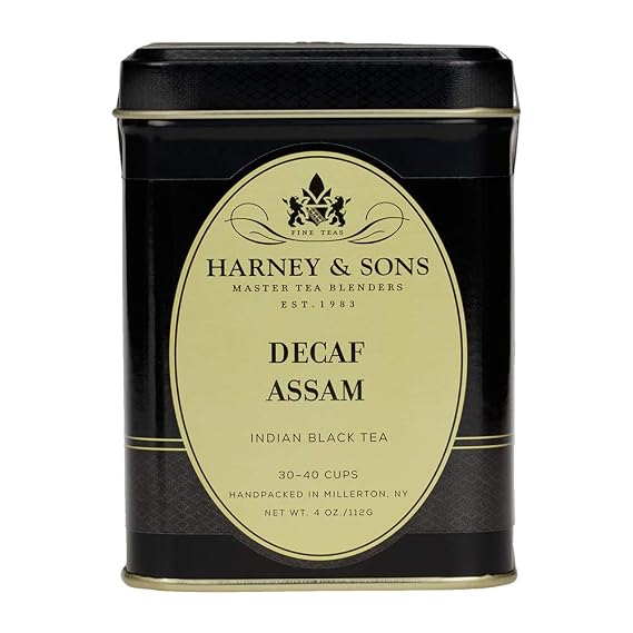 Harney & Sons Decaffeinated Assam Loose Leaf Black Tea Tin, 4 oz | Decaffeinated Assam black tea with a rich, malty flavor. Gluten free.