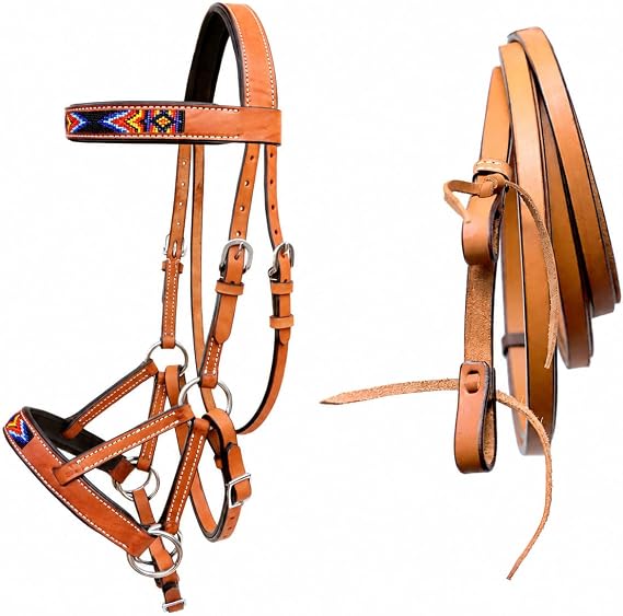 Horse Western Tan Leather Padded Bitless Training Sidepull Bridle Reins