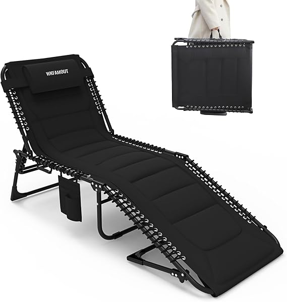 Oversized Padded Outdoor Folding Lounge Chair for Adults 330Ibs Patio Chaise Lounge Chair for Outside 5-Position Adjustable Reclining Beach Chair with Pillow Pocket