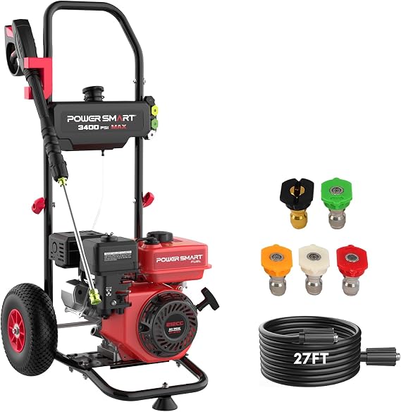 PowerSmart Gas Pressure Washer 3400 PSI, 2.5 GPM,3L Soap Tank, Metal Spray Wand, 5 Nozzles for House, Driveways
