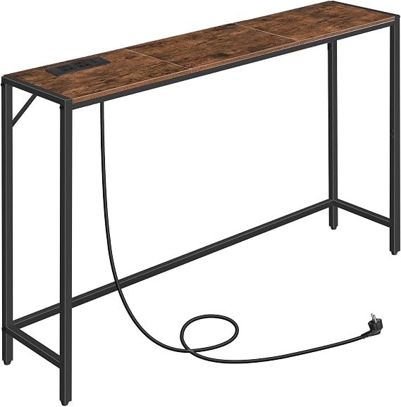 MAHANCRIS Console Table, Narrow Sofa Table, 43.7 Entrance Table with Power Station, Behind Couch Table, Simple Style, for Living Room, Hallway, Entryway, Foyer, Rustic Brown and Black CTHR112E01