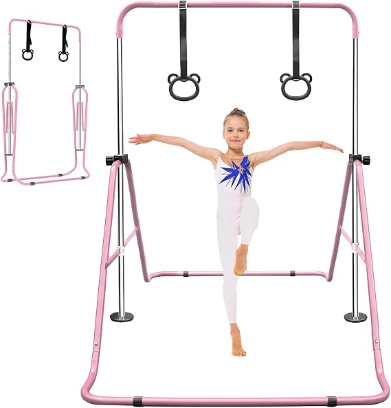 Gymnastic Bars for Kids with Attachable Rings, Height Adjustable Junior Training Horizontal Bars, Foldable Gymnastic Training Kip Bar for Home