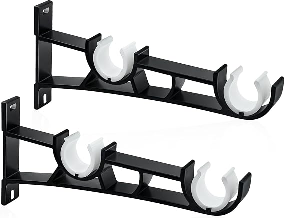 Curtain Pole Brackets,28mm Heavy Duty Curtain Rail Brackets Double Black Curtain Rod Holder Brackets Set of 2 Curtain Pole Support Hooks for Drapery Poles