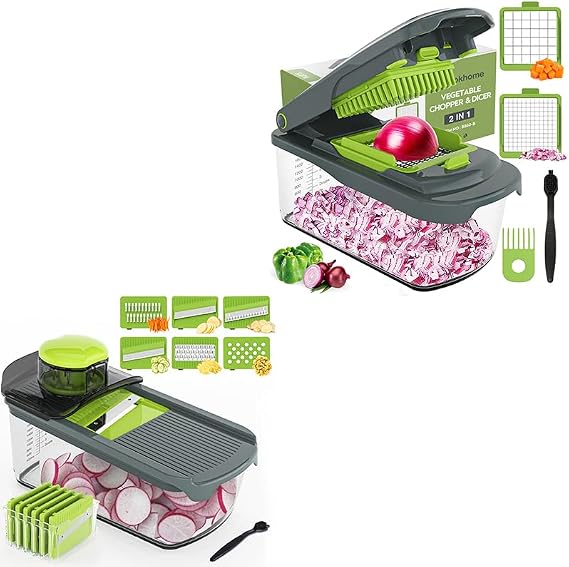 Ourokhome Mandolin Vegetable Slicer, 6 in 1 Multifunctional Veggie Slicer Shredder with Container, Vegetable Chopper Onion Cutter with Container, Multifunctional Food Chopper Veggie Dicer with 2 Blade