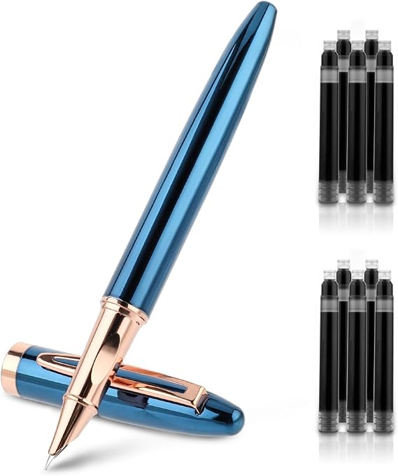 Amaxiu Metal Black Fountain Pen Set, 0.38mm Fine Nib Fountain Pen with 10 3.4mm Ink Cartridges and 1 Converter Smooth Writing Luxury Calligraphy Pen Office School Supplies Gift(Blue)
