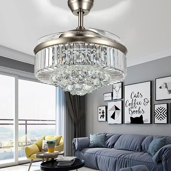 42" Crystal Fandelier Ceiling Fan with Lights,Modern Chandelier Ceiling Fan with Retractable Blades Indoor LED Lighting for Bedroom Living Room,Quiet Rustic Fan Brown