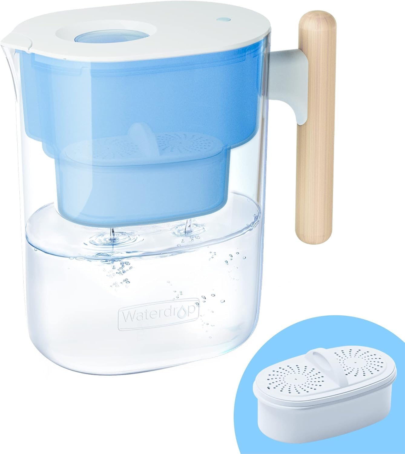 Waterdrop PT-04B Chubby Water Filter Jug, 3 Months Filter, 3.5L, NSF Certified, Reduces Fluoride, Chlorine and More, BPA Free, Sturdy Wooden Handle, Light Blue