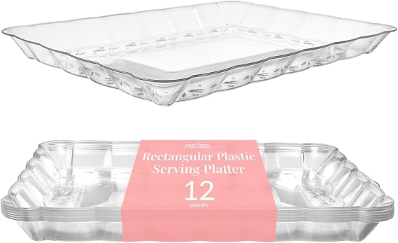 Prestee 12-Pack Serving Tray - 9x13 Inches Disposable Rectangular Plastic Food Tray for Parties and Events - Clear Platters for Dessert Table Displays, Appetizers, Snacks, and More