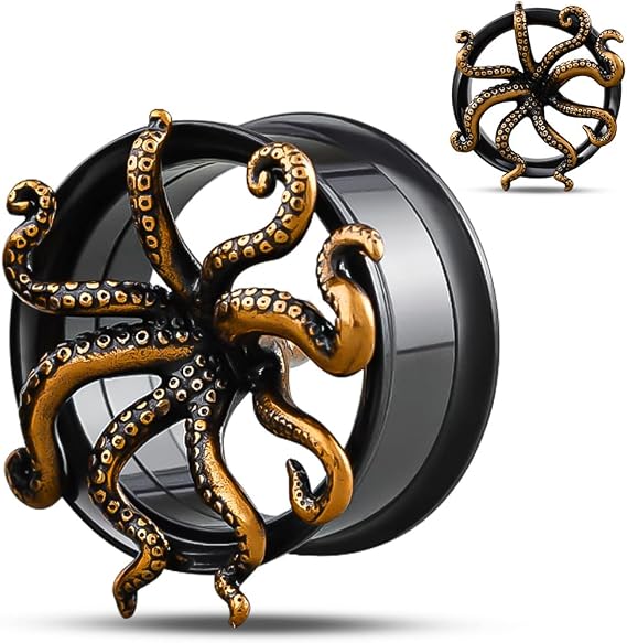 COOEAR Screw Back Stainless Steel Ear Tunnel and Plug Gauges for Earrings, Octopus Logo Piercing Expander Stretchers.