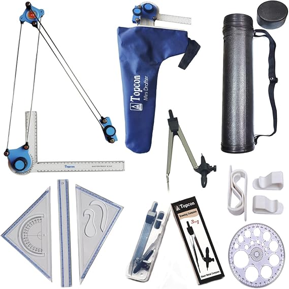 Topcon Drawing Instruments Mini Drafter - Engineering Kit - 2 contains Mini Drafter, Sheet Container, Scale, Set Square, Pro Circle, Drawing Board Clips, 3 in 1 Drawing Compass Set of 7 Items