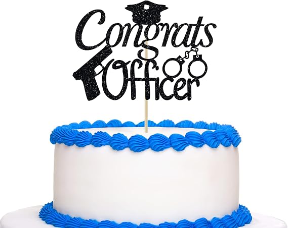 Glitter Congrats Officer Cake Topper - Officer Graduation Police Grad Cake Topper, Police Officer 2026 Graduation Party Decorations Black