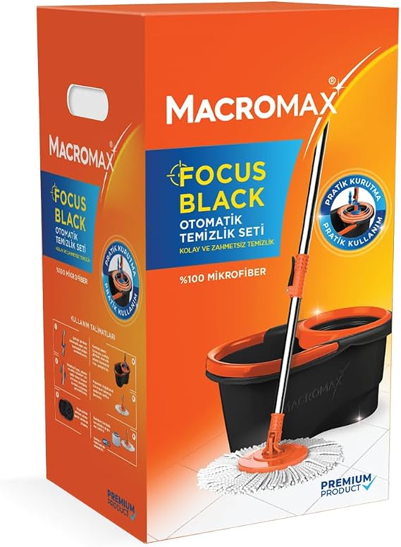 Macro Max Focus Black Otomatik Temizlik Seti, Pedalsız Döner Sıkmalı 360 Başlıklı Mikrofiber Paspas