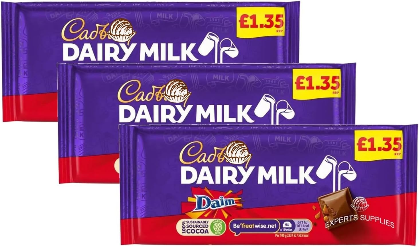 Chocolate Bundle - Dairy Milk Daim Chocolate Bar Price Marked 120g Pack of 3, Milk chocolate with crunchy almond caramel pieces | Delightful Treats | Gift for All Occasions By Experts Supplies
