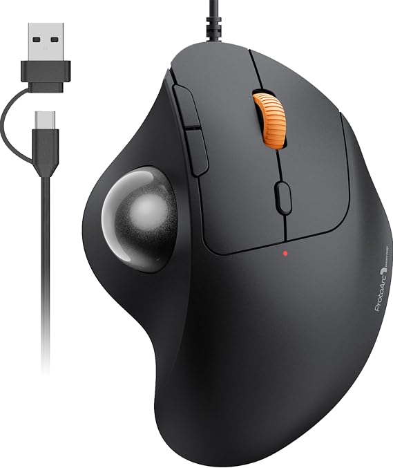 ProtoArc Wired Trackball Mouse, Supports USB-C and USB-A, Quiet, Ergonomic, Wrist Easy, Thumb Operation, Space Saving, 4 DPI Adjustment