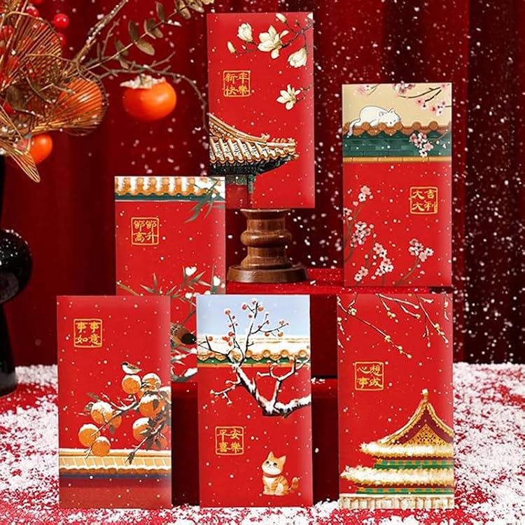 6 Pack Chinese Inspired Forbidden City Red Envelopes New Year Spring Festival Lucky Bag Hongbao Gift for Children