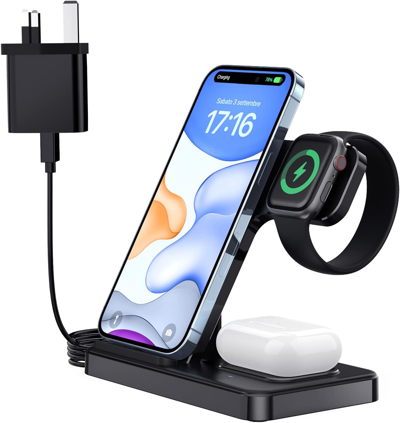 Wireless Charger, PUGO TOP 3 in 1 15W Fast Charging Station with Plug Compatible with iPhone 16,15,14,13,12,11, iWatch Series 10Ultra 2Series 9Ultra87SE, AirPods 32pro Black