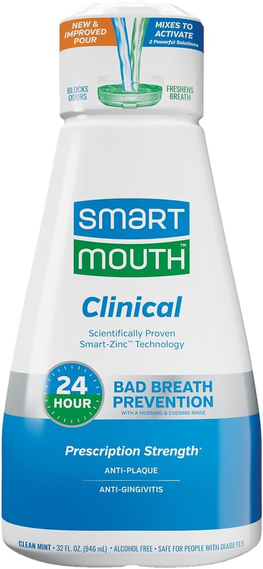 SmartMouth Clinical Zinc Activated Mouthwash, Clean Mint, 32 fl oz | Anti-Plaque and Anti-Gingivitis Rinse for Healthy Gum Support and All-Day Fresh Breath, Sugar, Gluten, and Alcohol-Free