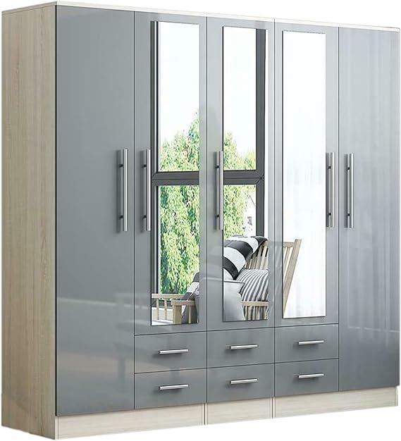 High Gloss Grey 5 Door Wardrobe with 6 Drawers & Mirrors, Large Modern Bedroom Storage Cabinet, Spacious Clothes Organiser