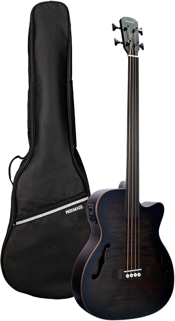 WishMade 4 String Fretless Acoustic Electric Bass Guitar Hollow Body BK