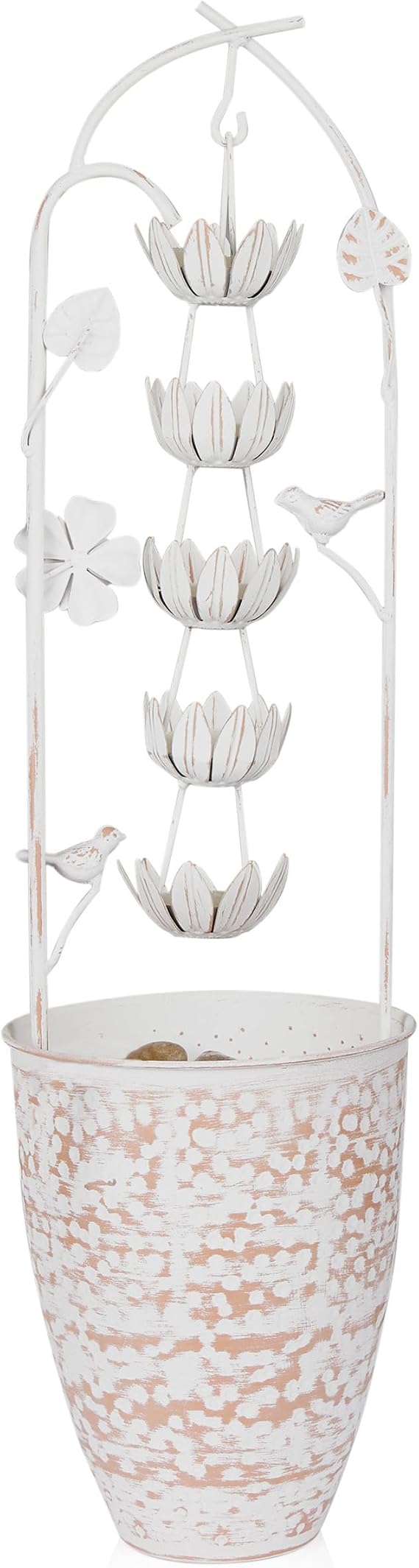 Alpine Corporation 30" Tall Metal Rustic Water Fountain with Decorative Flower, Cascading Waterfall Feature for Gardens, Patios, and Outdoor Decor, White