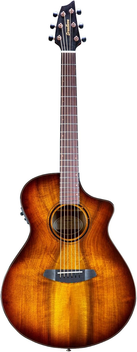 Breedlove Pursuit Exotic S Concert 6 Wood Top Acoustic Electric Guitar | Electric Guitar with Slim Neck and Pinless Bridge Right Handed, Tiger's Eye