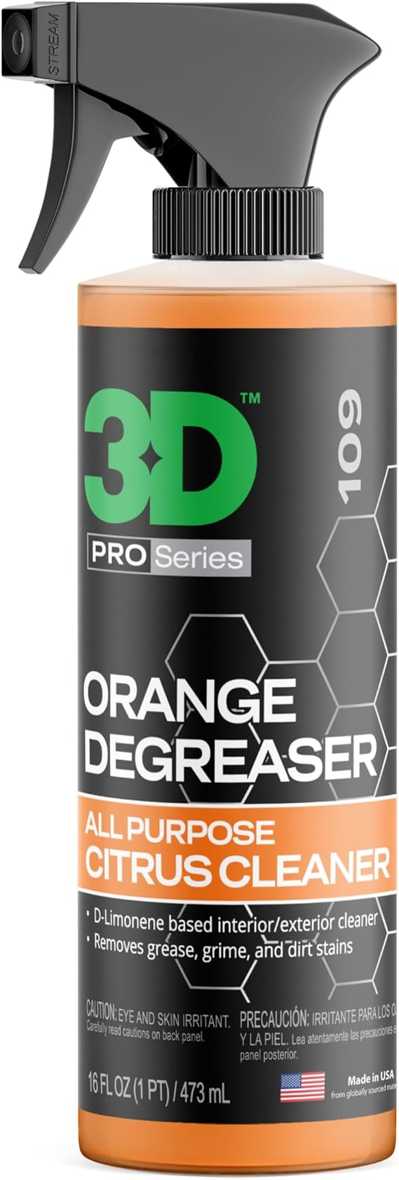 3D Orange Degreaser Citrus-Based Car Cleaner for Oil, Grease, Grime & Adhesives Water-Based, Non-Corrosive, Eco-Friendly, Interior & Exterior Use - 16 Fl oz