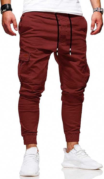 HUNGSON Men's Slim Fit Casual Cargo Pants with Drawstring Long Pants